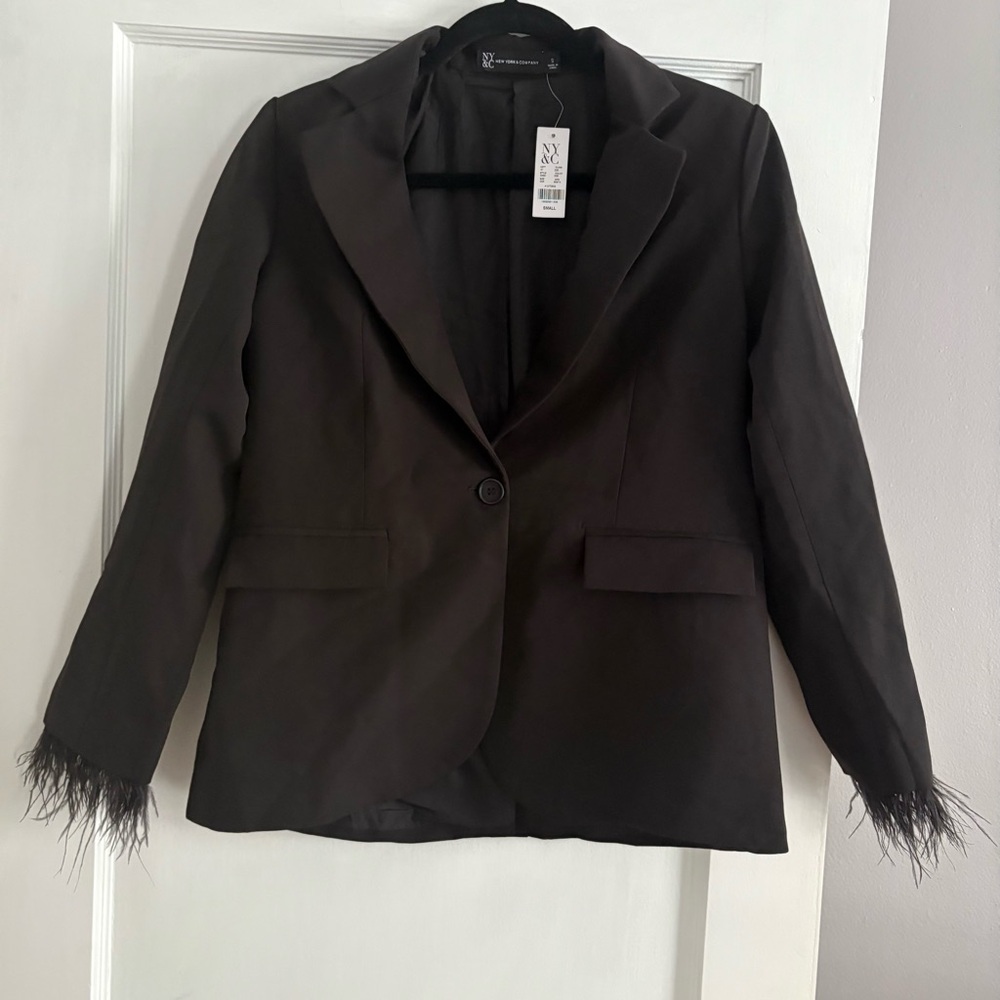 NWT New York & Company Black Blazer with Feather Cuffs Size Small